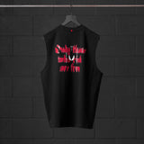 Black Tech Essential Relaxed Cutoff vest with red "Target Acquired" graphic, back view on hanger