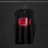 Tech Essential Relaxed Cutoff sleeveless shirt in black with red graphic print, hanging on hanger