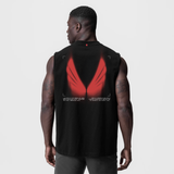 Black Tech Essential Relaxed Cutoff tank with red ghost trace design, back view on model