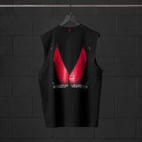 Tech Essential Relaxed Cutoff sleeveless tank in black with red ghost trace back graphic, hanging on hanger