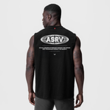 Black Tech Essential Relaxed Cutoff tank top with ASRV logo, worn by model, back view