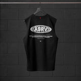 Black Tech Essential Relaxed Cutoff tank top with ASRV logo and motivational text, front view on hanger
