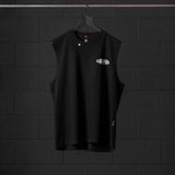 Black Tech Essential Relaxed Cutoff sleeveless tank top on hanger, front view