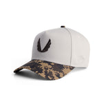 flatlay New Era 9Forty A-Frame Hat in stone and brown digital camo, angled view