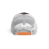 flatlay New Era 9Forty A-Frame Trucker Hat in brown digital and white, back view