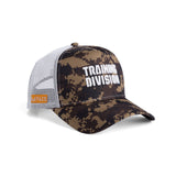New Era 9Forty Trucker Hat in brown digital camo with white mesh back, front view