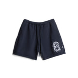 flatlay LE Cotton Shorts in navy with dragon graphic design, front view
