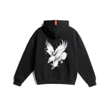 Flatlay Tech-Terry Zip Hoodie in black with white eagle graphic, back view