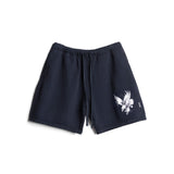 flatlay LE Cotton Shorts in navy with white eagle graphic, front view
