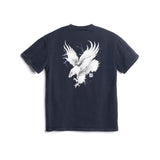 Flatlay of navy cotton tee with white eagle graphic print, back view
