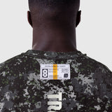 Tech Essential Cap Shoulder Cutoff in pixel camo worn by model, back view showing label