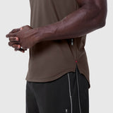AeroSilver Established Tee in Dark Earth worn by model, side view