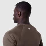 AeroSilver Established Tee in Dark Earth worn by model, back view