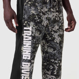 Tech-Terry Mesh Panel Sweats in pixel camo, worn by model showing side leg detail