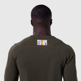 Olive waffle knit longsleeve worn by model, back view