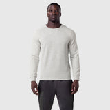 Waffle knit longsleeve in heather grey worn by model with dark joggers, front view