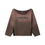 flatlay of raw hem oversized crewneck in dark earth with Training Division text, front view