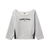 flatlay W049 Raw Hem Oversized Crewneck in heather grey with Training Division text, front view