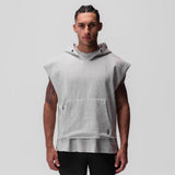 Tech Essential Raw Hem Cutoff Hoodie in heather grey, modeled front view
