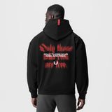 Tech-Terry™ Zip Pocket Hoodie in black with 'Risk Protocol' back graphic, worn by model, back view