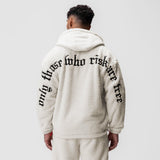 Sherpa Recovery Hoodie in ivory cream worn by model from back, showing text detail on hood