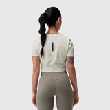 W019 Lycra Cropped Tee in ivory cream, worn by model, back view
