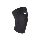 Black knee sleeve support brace displayed on angled stand against white background