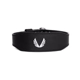 flatlay Leather Lifting Belt in black with white wing logo, front view