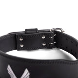 Leather Lifting Belt in black, detail closeup of buckle and stitching