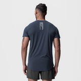 Navy Laser-Vent Established Tee worn by model, back view showing text detail