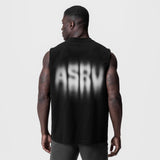 Tech Essential Relaxed Cutoff sleeveless tank in black with motion blur graphic, back view on model