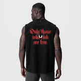 Tech Essential Relaxed Cutoff sleeveless tank in black with red graphic print, back view on model
