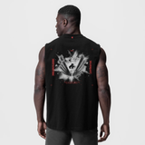 Tech Essential Relaxed Cutoff tank in black with 'Blast Radius' graphic, back view on model