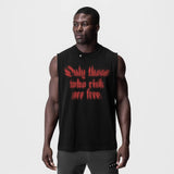 Black Tech Essential Relaxed Cutoff tank top with red 'Blast Radius' text, worn by male model