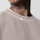 Tech Essential Distressed Crewneck in Faded Chai worn by model, close-up of neckline