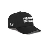 Black New Era 9Forty A-Frame hat with white 'Training Division' text, angled view