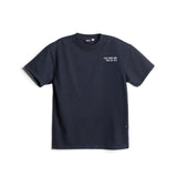 flatlay 0576. LE Cotton Tee in navy with 'only those who risk are free' chest text