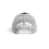 Flatlay of New Era 9Forty A-Frame Trucker Hat in black and white, back view