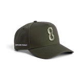 flatlay New Era 9Forty A-Frame Hat in faded olive with embroidered 8 logo, front view