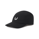 Flatlay of black Tetra-Lite Vented Hat with white wings logo, angled view