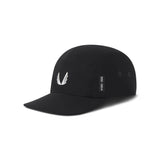 Flatlay of black 0814 Tetra-Lite 5-panel run cap with white wings logo, side view