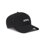 flatlay ASRV Tetra-Lite Sport Cap in black with white logo, angled view