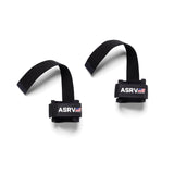 flatlay of two black ASRV power lifting straps with logo labels, overhead view