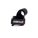 flatlay Power Lifting Straps in black, front view showing ASRV branding and made in USA flag