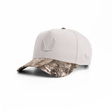 flatlay New Era 9Forty A-Frame Hat in stone and realtree camo, angled view