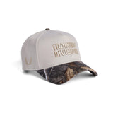 flatlay New Era 9Forty A-Frame Hat in stone and realtree camo, front view
