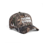 flatlay New Era 9Forty A-Frame Hat in Realtree Camo with white Training Division text, front angle