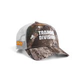 New Era 9Forty A-Frame Trucker Hat in Realtree camo and white with Training Division text, front angle view