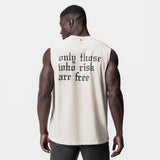 Tech Essential Relaxed Cutoff tank top in stone, worn by model showing back graphic print