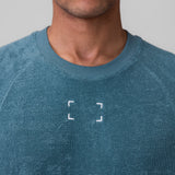 Towel Terry Cutoff sweatshirt in storm blue worn by model, front view